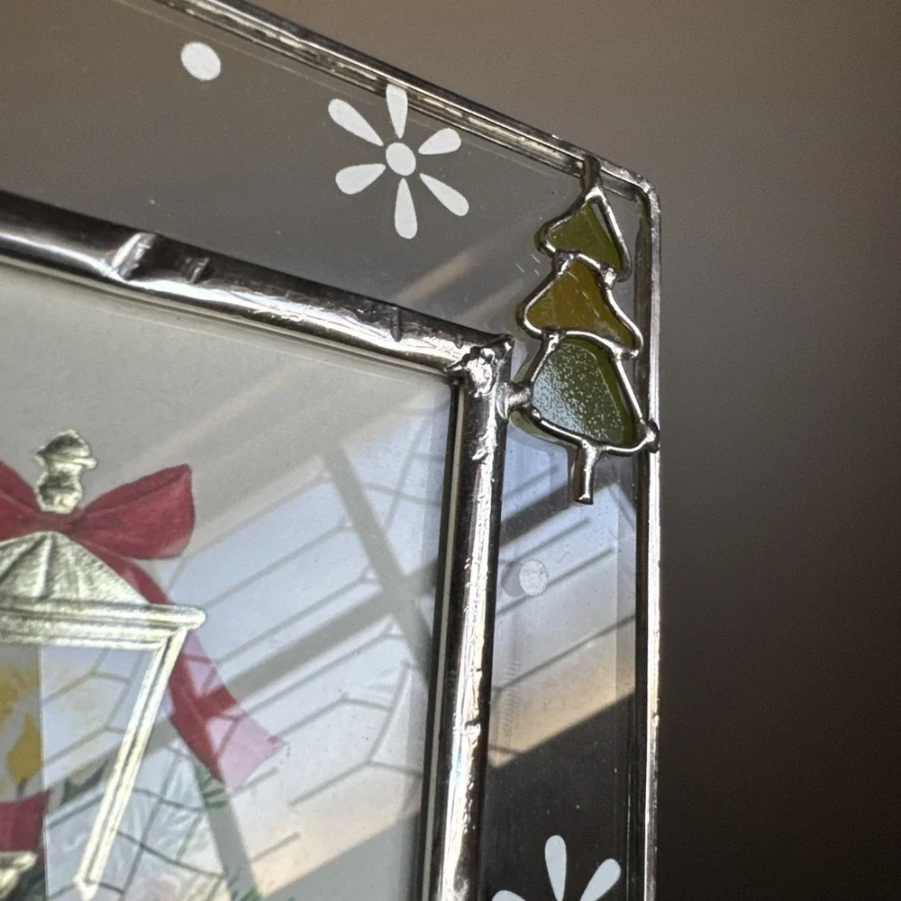 Vintage Stained Glass Christmas Tree & Snowflake 2.5x3.5 Photo Frame Metal Trim